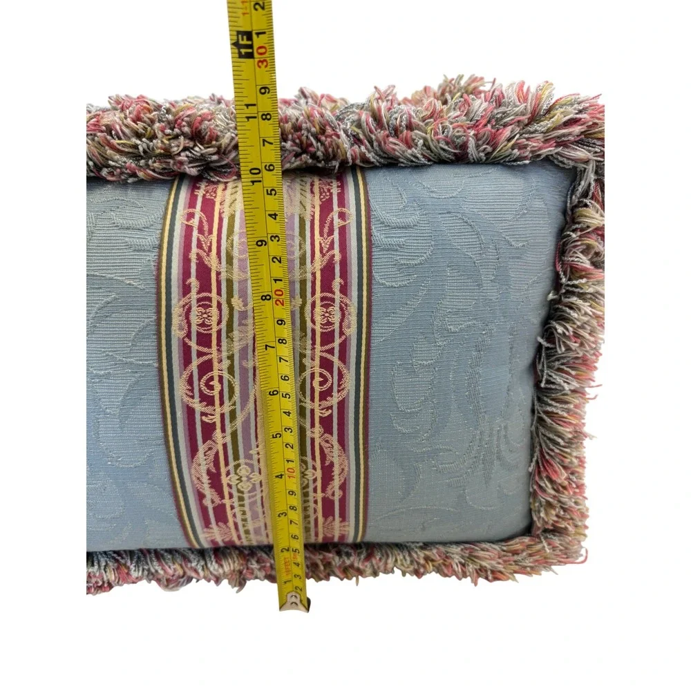 Blue Damask Lumbar Throw Pillows Down Filled Set of 2 w/Multi Color Brush Fringe